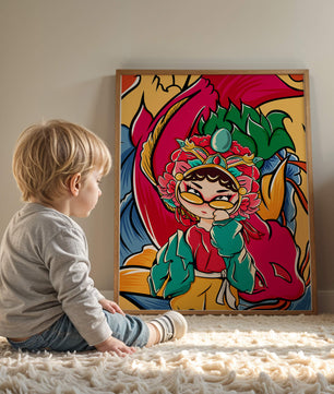 Vibrant illustration featuring a character in traditional costume with dragon elements