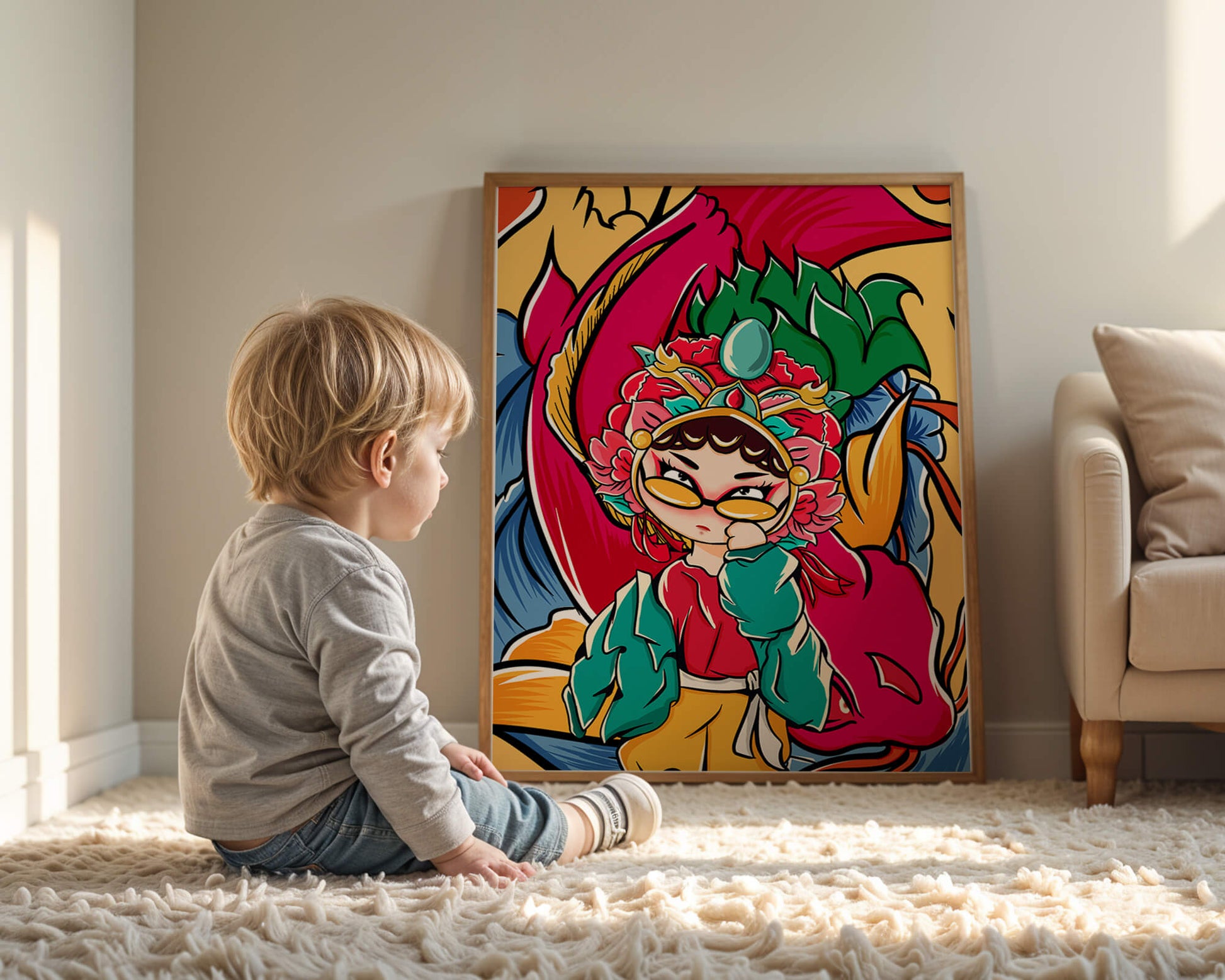Vibrant illustration featuring a character in traditional costume with dragon elements