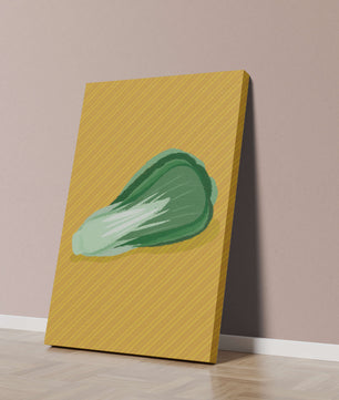 Illustrated bok choy on vibrant yellow background with stripes