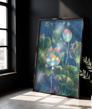 Bunte Lotusblumen mit abstraktem kosmischen Hintergrund