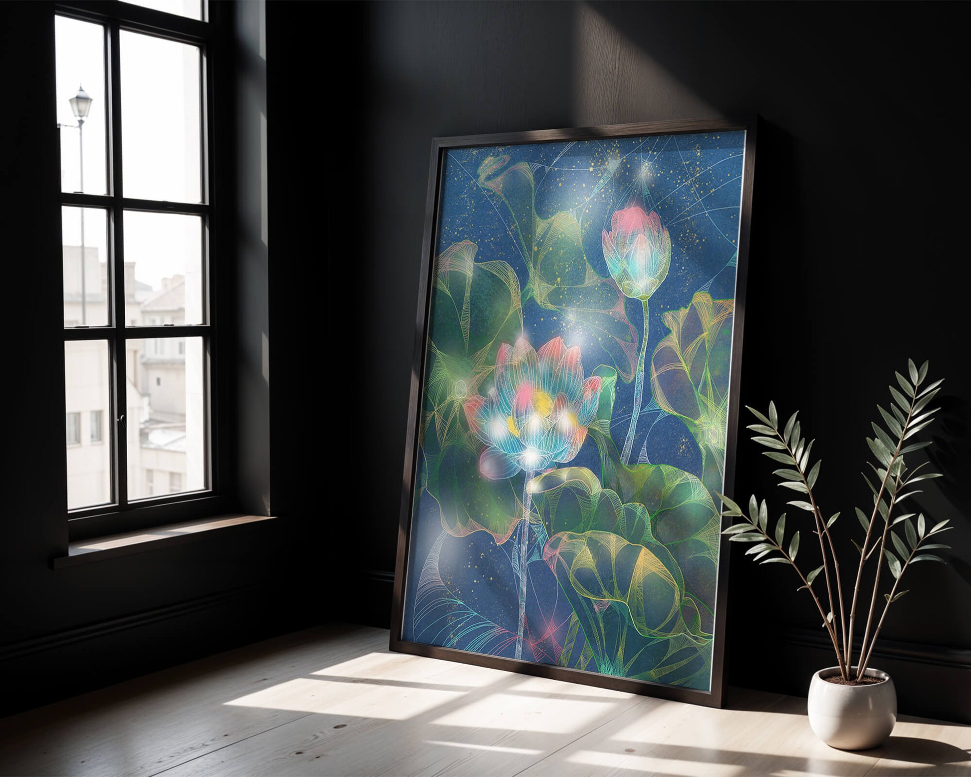 Bunte Lotusblumen mit abstraktem kosmischen Hintergrund