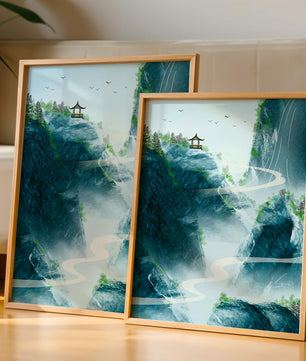 Paisaje montañoso sereno con pagoda y río serpenteante