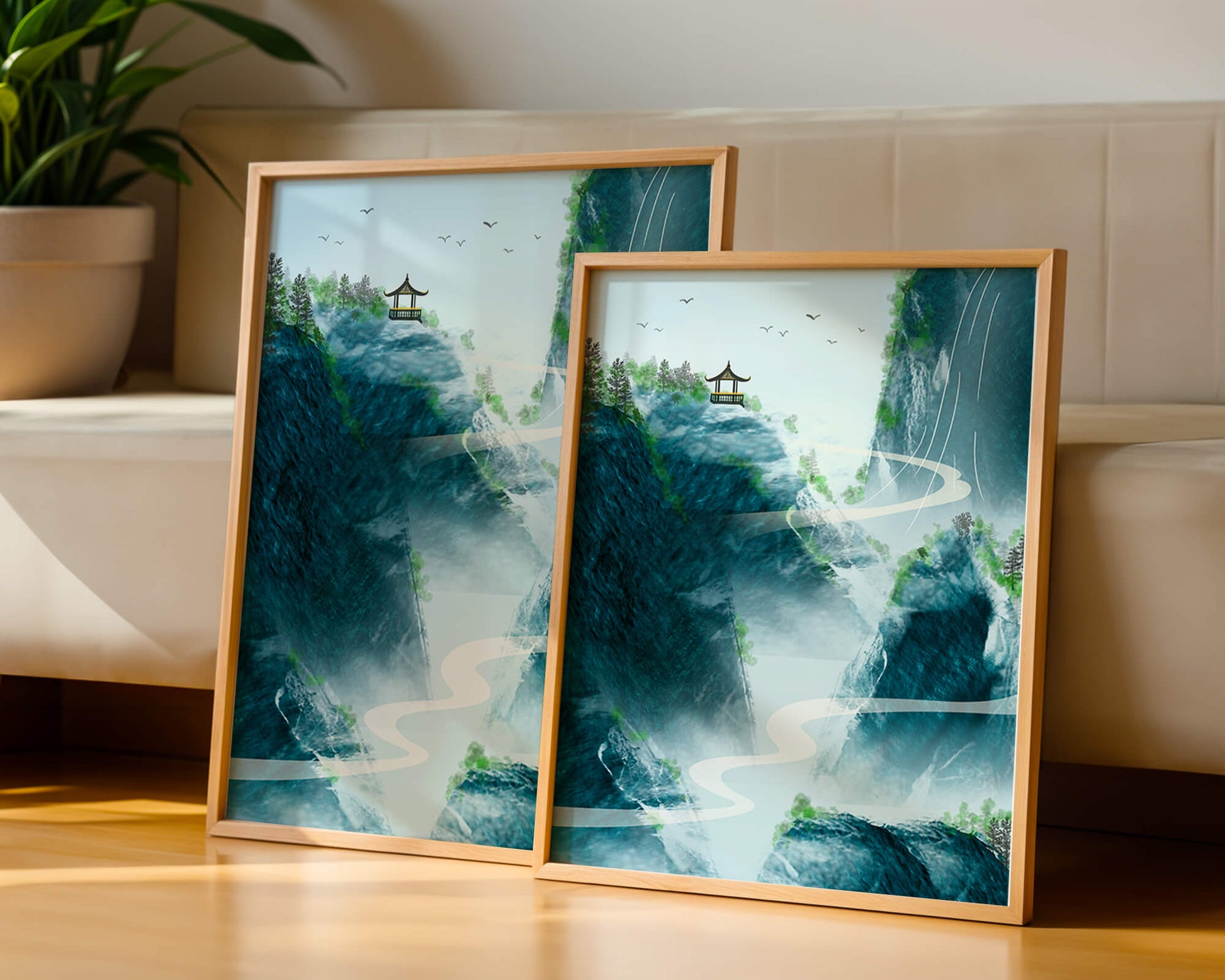 Paisaje montañoso sereno con pagoda y río serpenteante