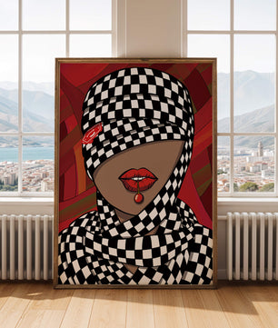 Abstract Art of Woman with Checkered Pattern and Red Lips - Mi tienda