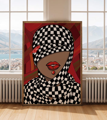 Abstract Art of Woman with Checkered Pattern and Red Lips
