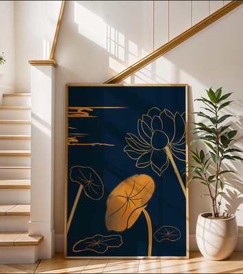 Golden Lotus Flowers in Abstract Night Sky