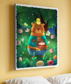 Charming bear in a colorful garden with flowers and fireflies