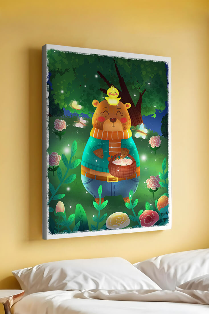 Charming bear in a colorful garden with flowers and fireflies