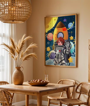 Young Astronaut with Rocket and Planets in Space Adventure