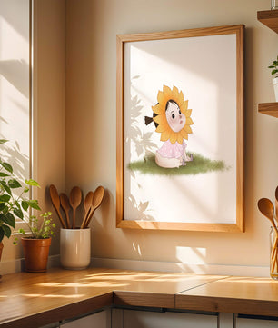 Adorable child with sunflower costume sitting on a grassy patch