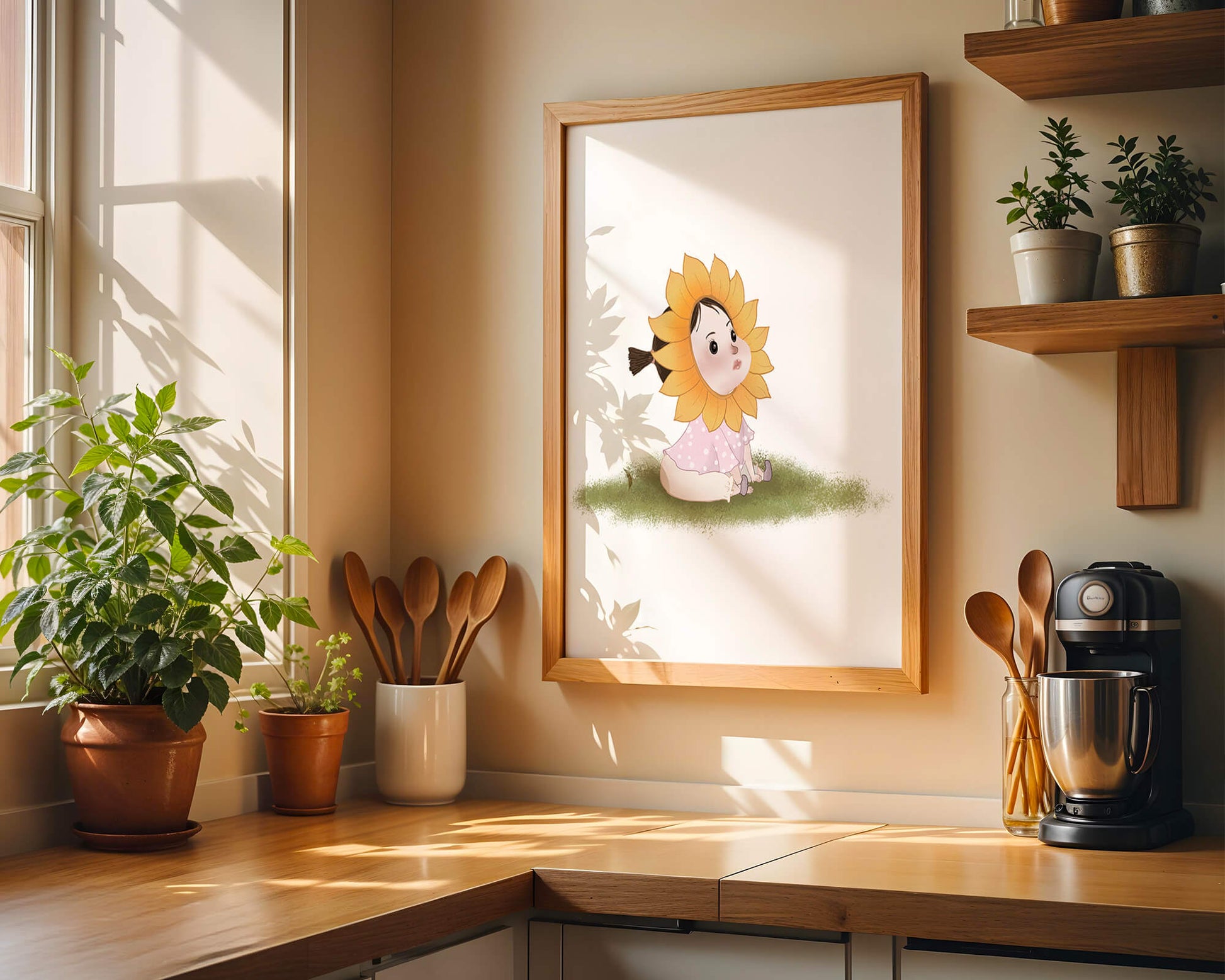 Adorable child with sunflower costume sitting on a grassy patch