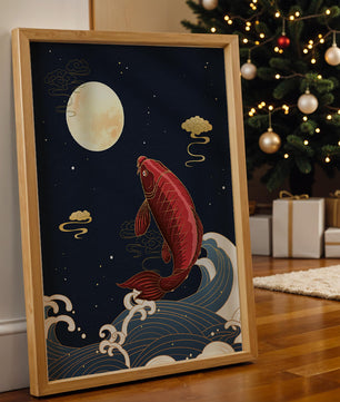 Ilustración artística de peces koi saltando sobre las olas bajo la luz de la luna