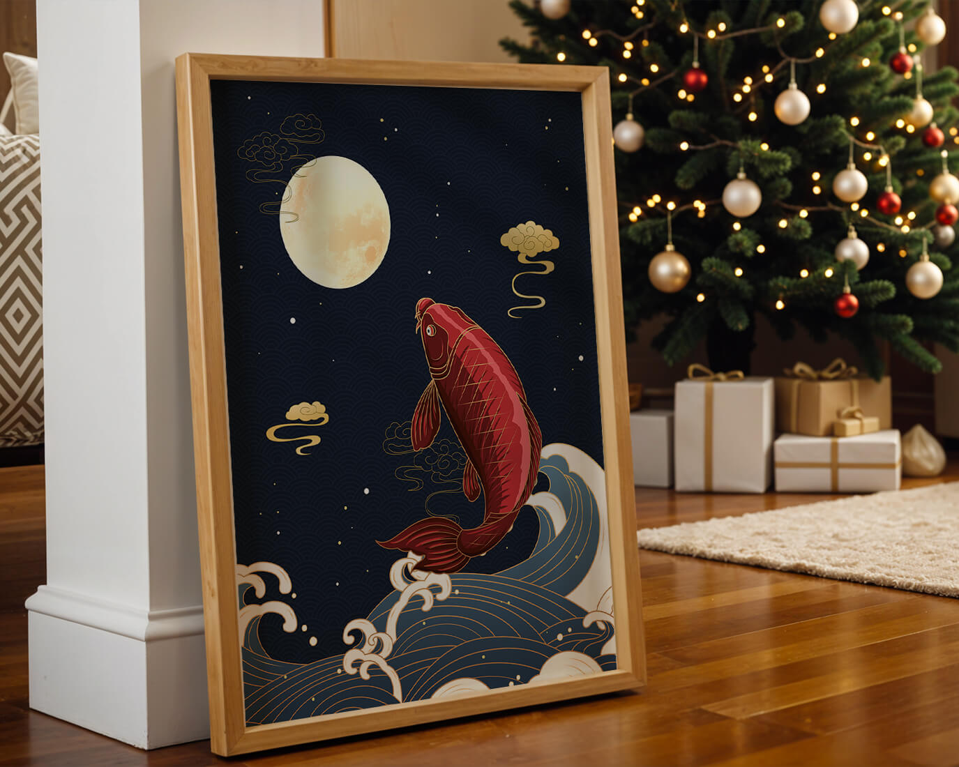 Artistic illustration of koi fish jumping over waves under moonlight