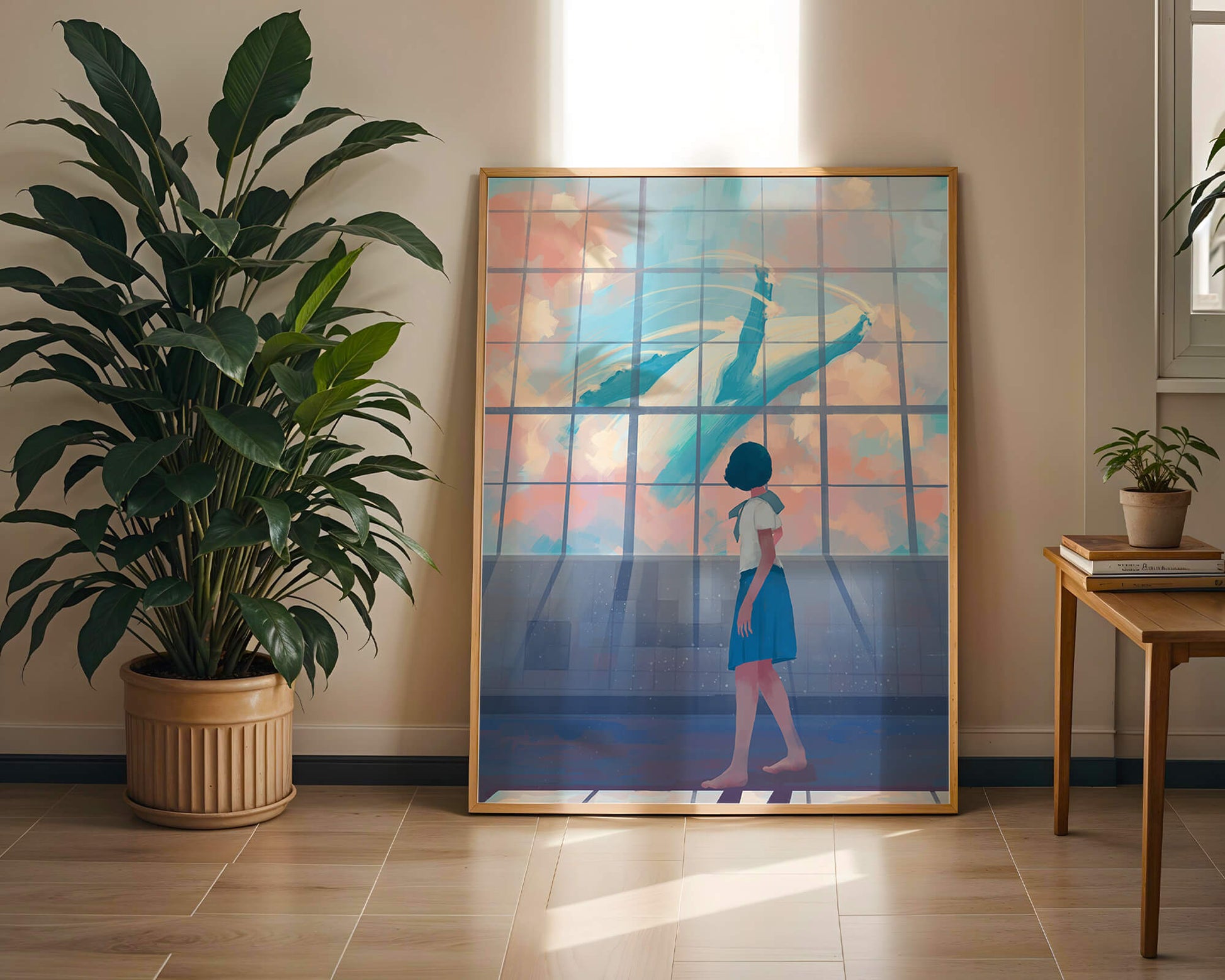 Young girl looking at a giant whale through a large window