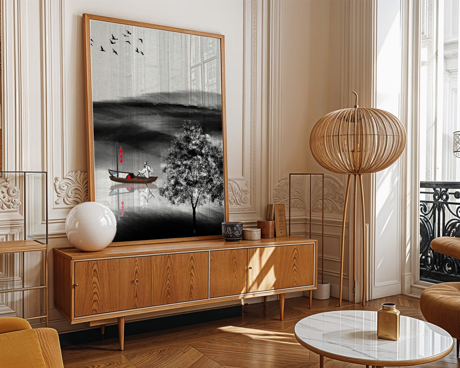 Tranquilo viaje en barco en un paisaje sereno con pájaros y árbol