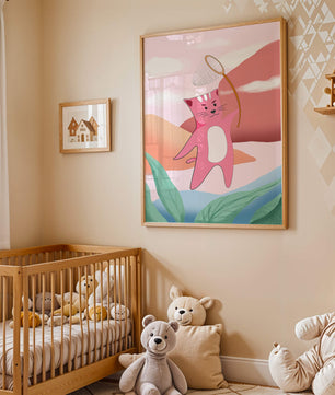 Pink Cat Holding Net in Whimsical Landscape