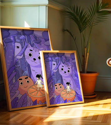 Whimsical forest scene with playful cartoon characters
