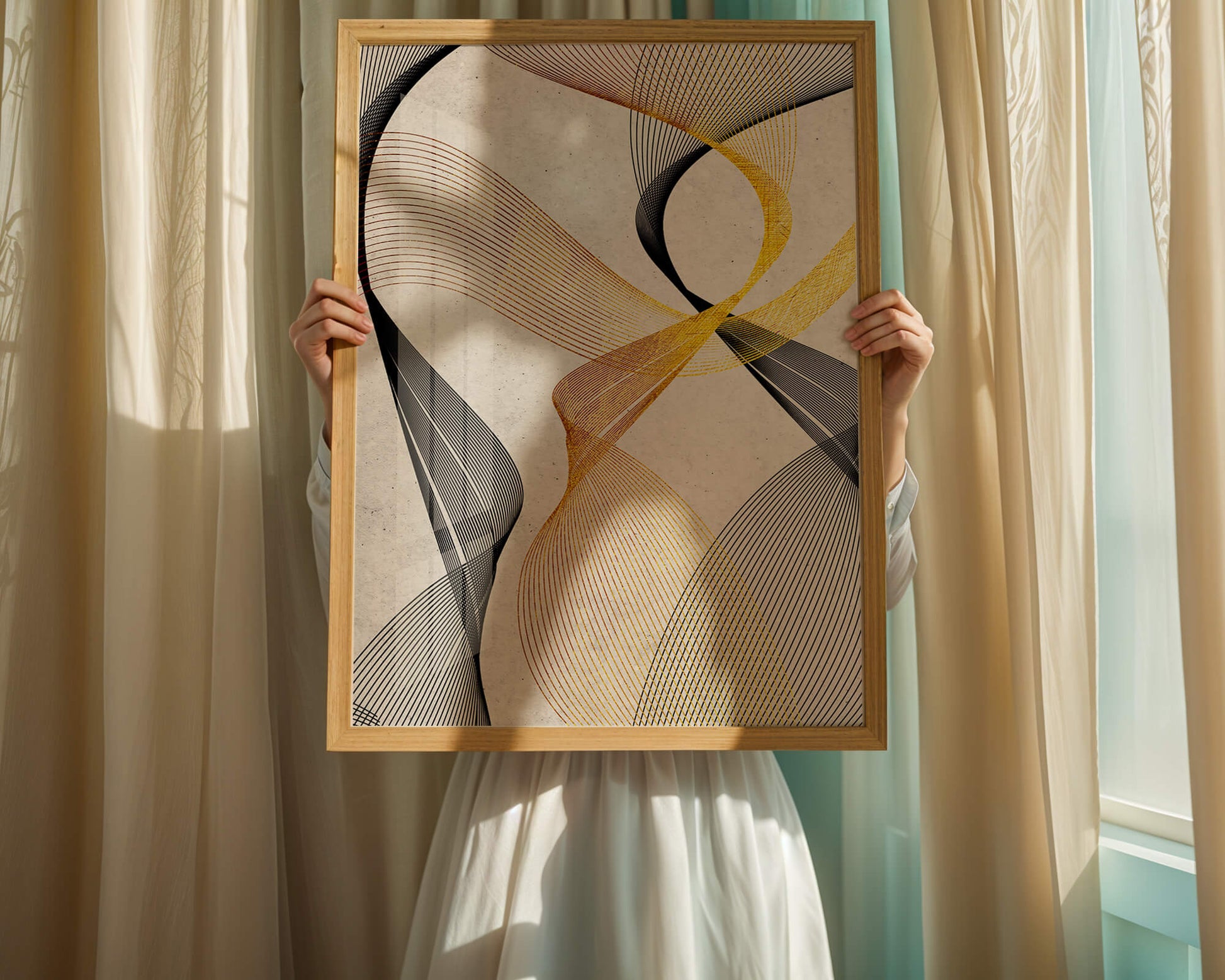 Elegant abstract waves with gold and black lines on textured background