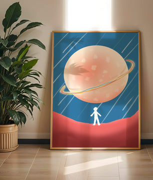 Illustration Of A Large Planet Against A Stardust Background With A Small Figure In The Foreground