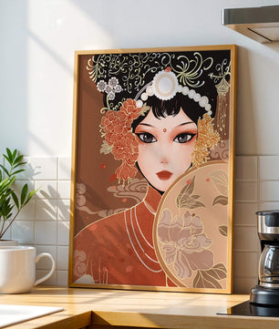Elegante retrato de una mujer asiática con atuendo tradicional y elementos florales