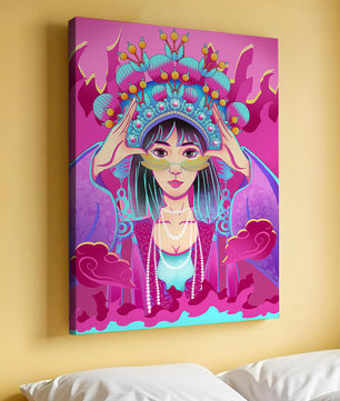 Ilustración colorida de una mujer con traje tradicional y tocado ornamental
