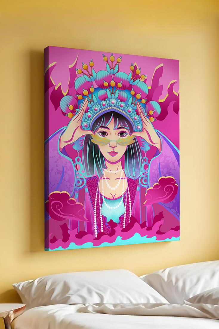 Colorful illustration of a woman in traditional costume with ornate headpiece
