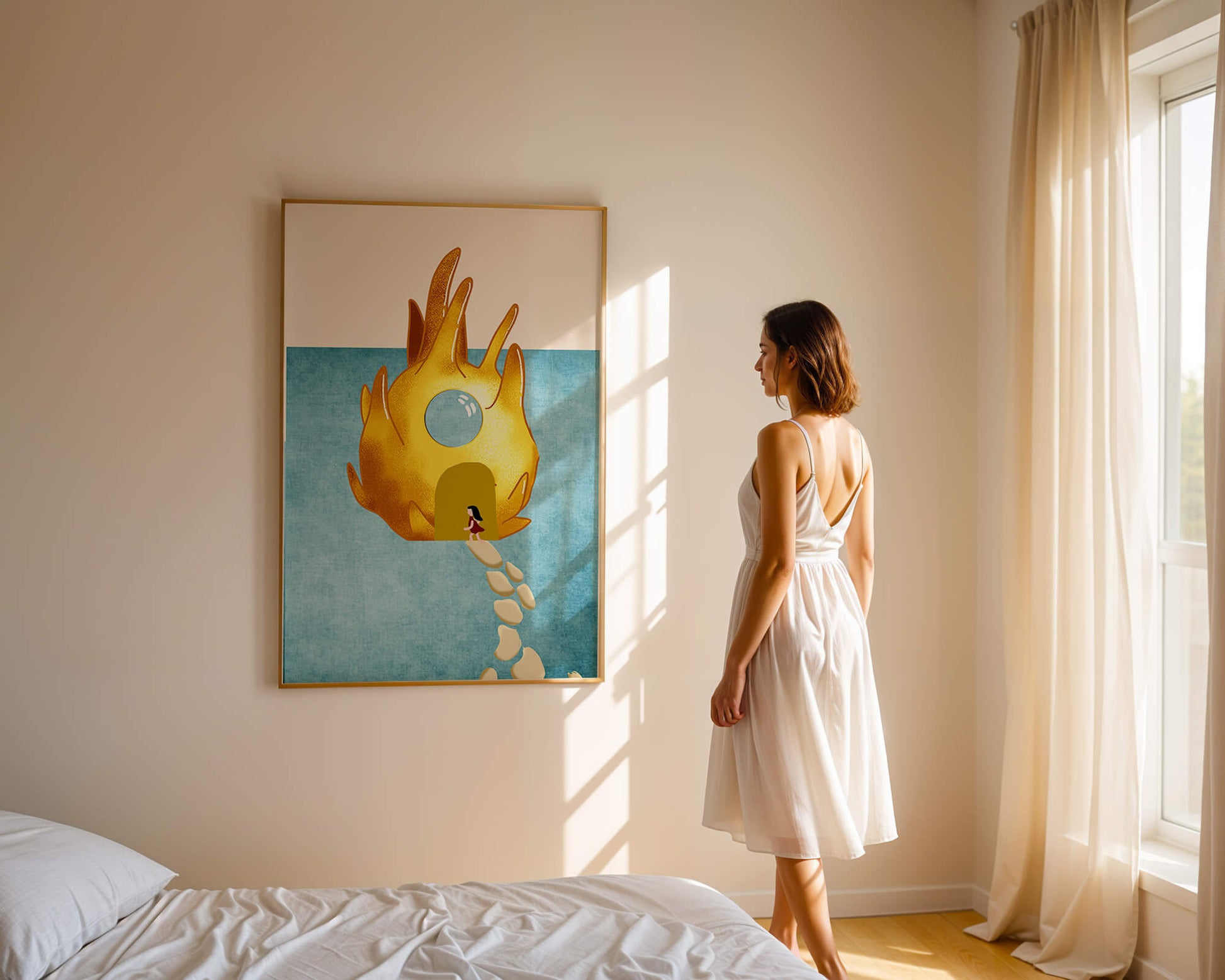Enchanted House With Golden Flame Shape On Light Blue Background