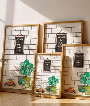 Kreidetafel-Schild mit Topfpflanzen und Spielzeugauto auf Ziegelmauer-Hintergrund