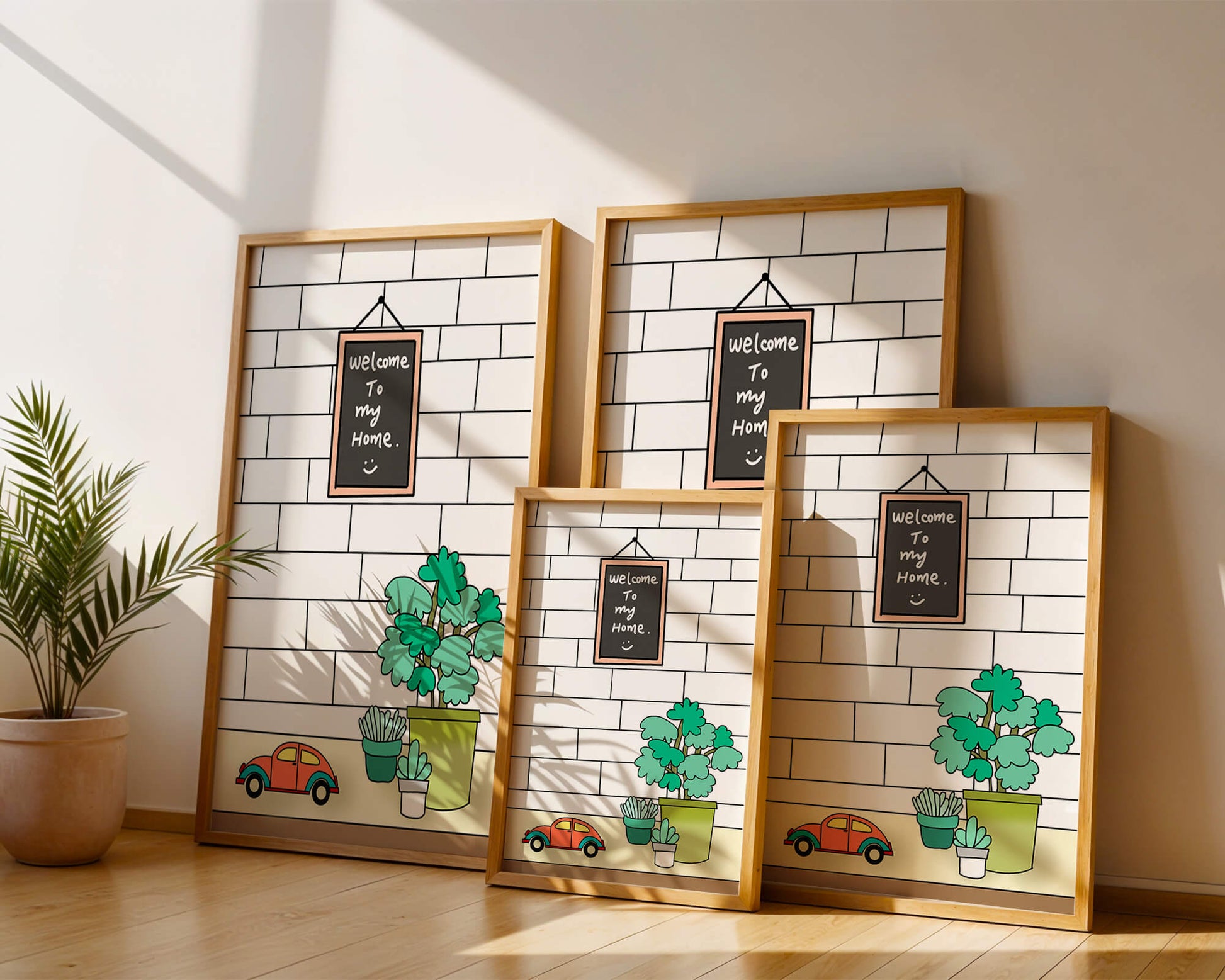 Kreidetafel-Schild mit Topfpflanzen und Spielzeugauto auf Ziegelmauer-Hintergrund