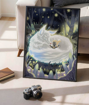 Scène de forêt fantaisiste avec un loup endormi et une silhouette mystérieuse la nuit