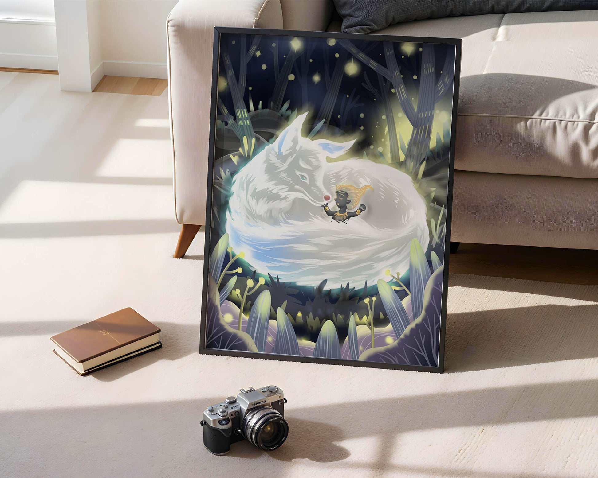 Whimsical forest scene with a sleeping wolf and a mysterious figure at night