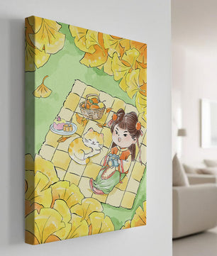 Charming autumn picnic scene with girl and cat surrounded by ginkgo leaves
