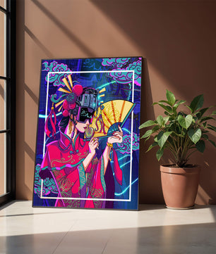 Geisha con traje futurista, elementos de neón y abanico
