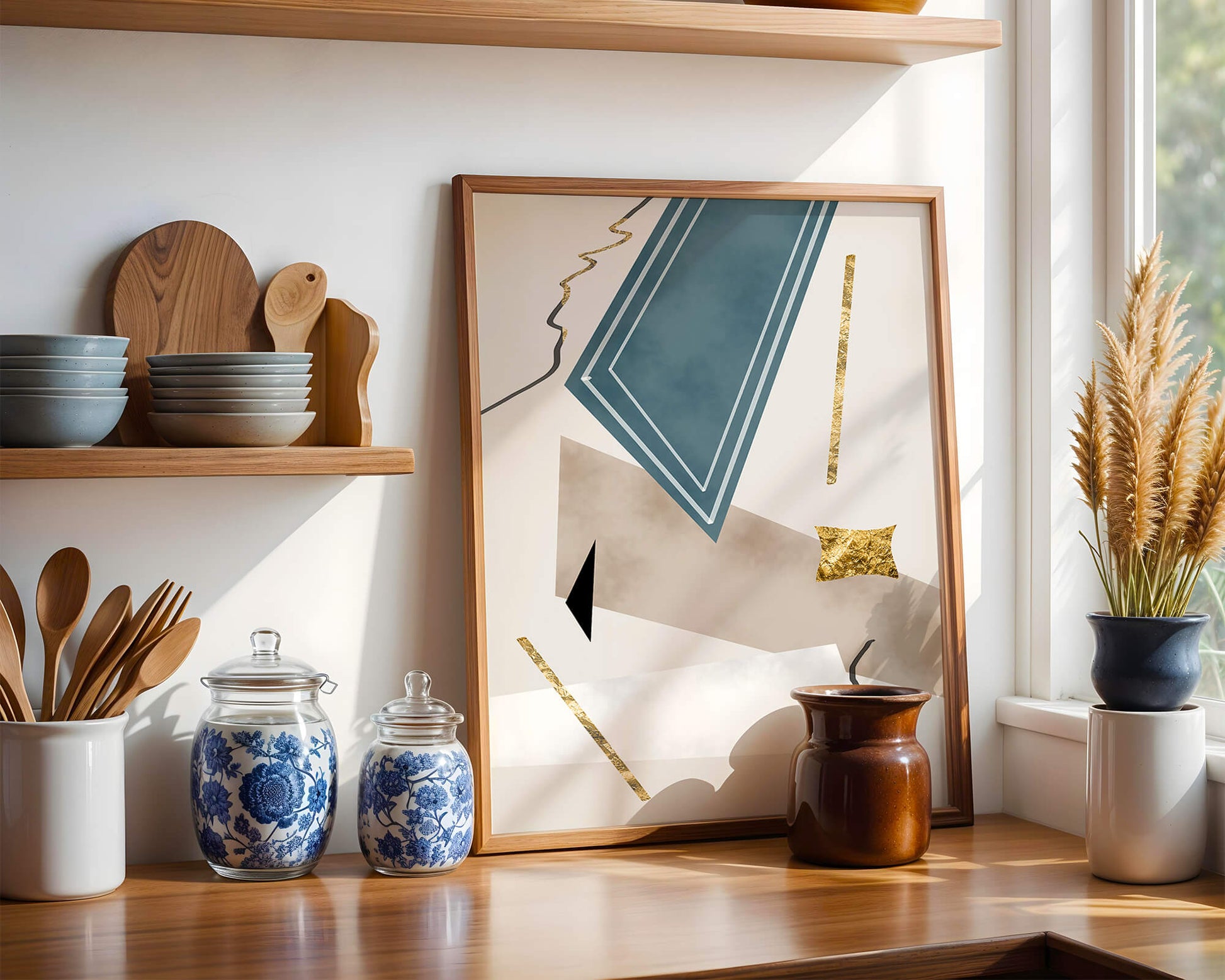 Abstract geometric artwork with gold accents and dynamic shapes