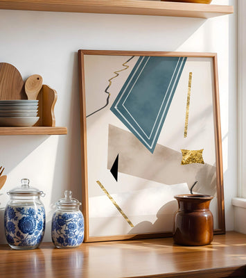 Abstract geometric artwork with gold accents and dynamic shapes