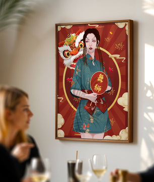 Elegant woman in traditional attire with lion dance mask in vibrant background