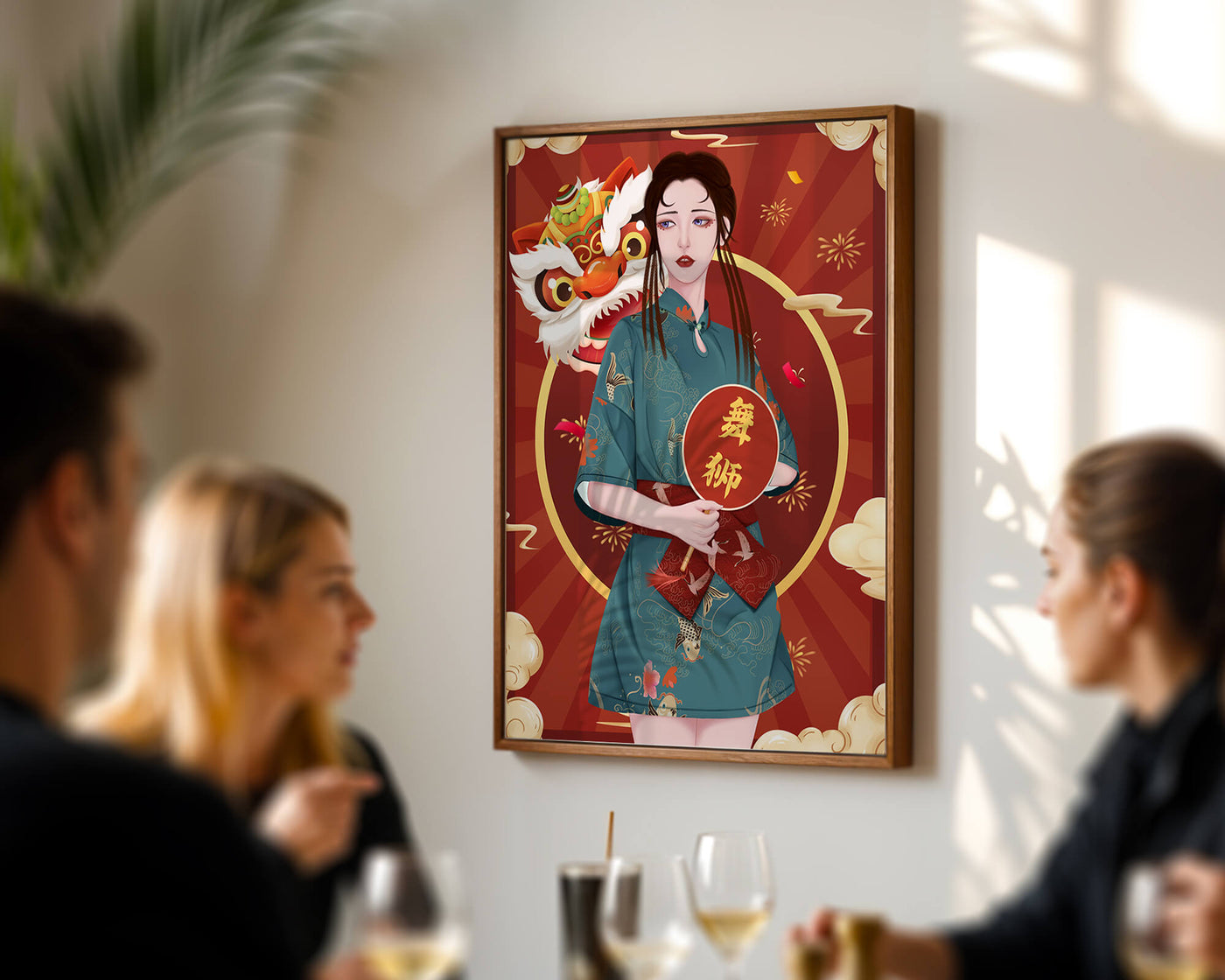 Elegant woman in traditional attire with lion dance mask in vibrant background