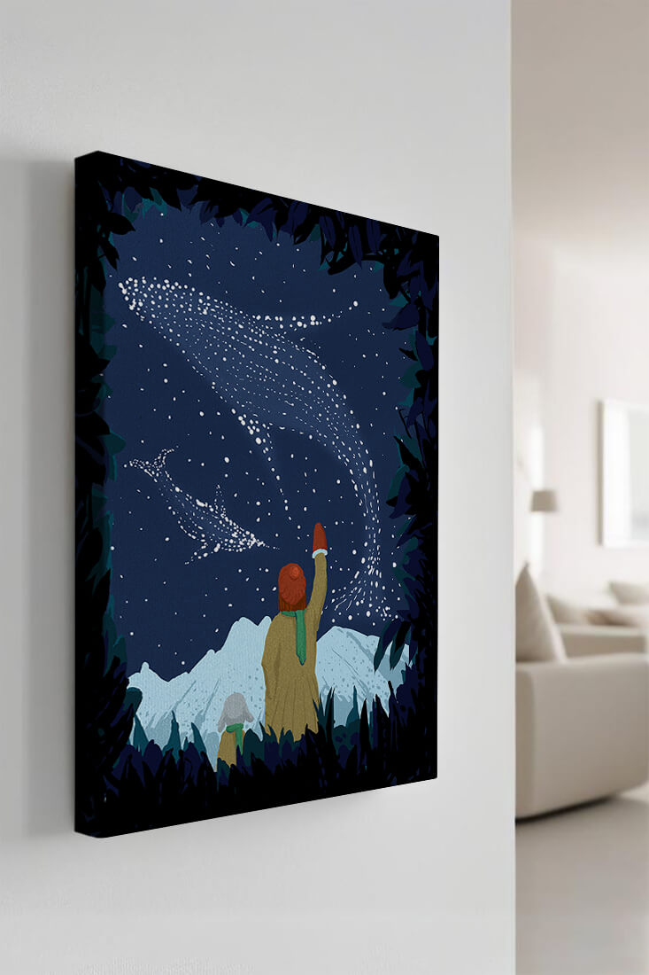 Starry night with whale constellations and mountain scenery