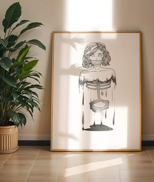 Surreal illustration of a woman with abstract ribcage and melting effect