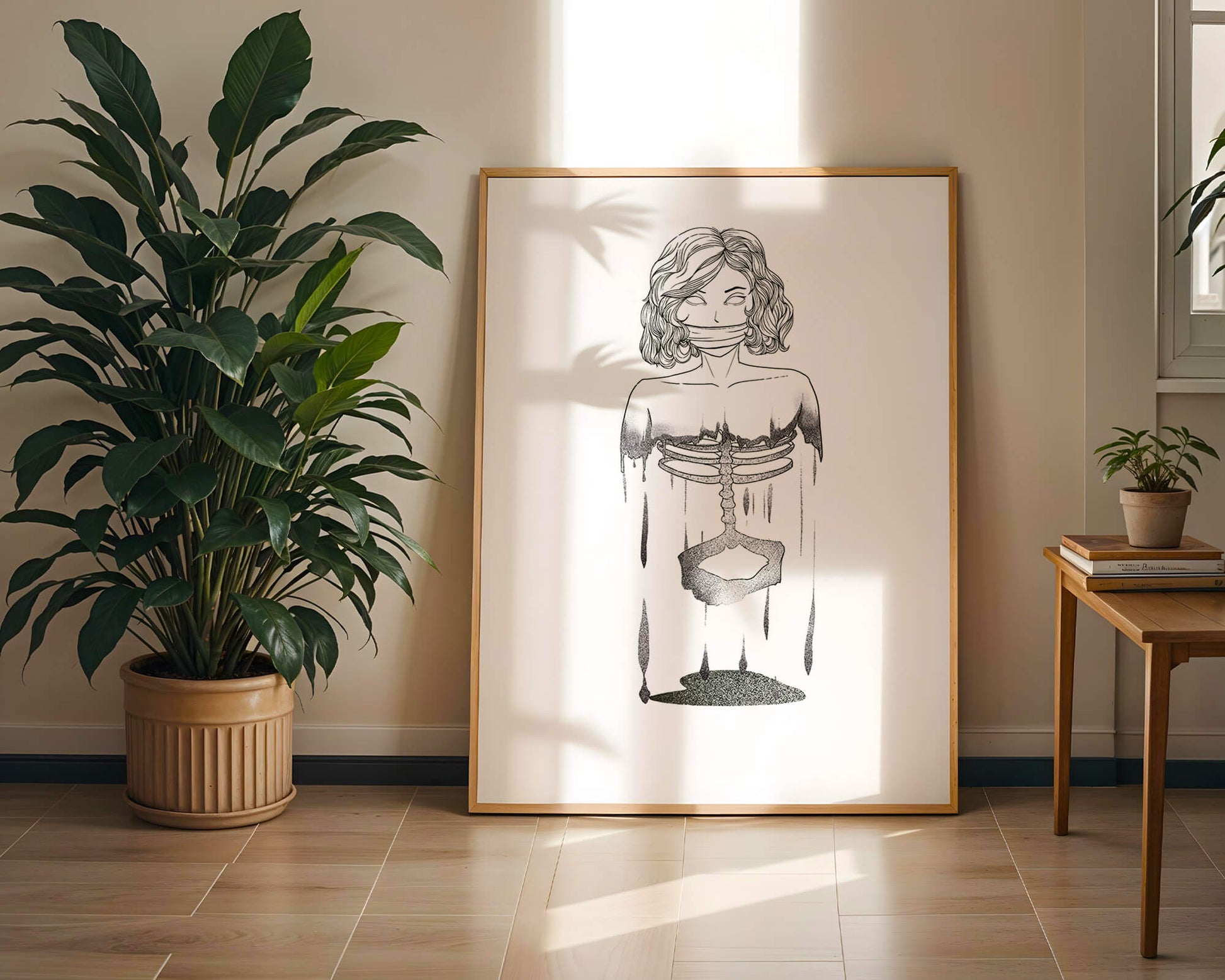 Surreal illustration of a woman with abstract ribcage and melting effect