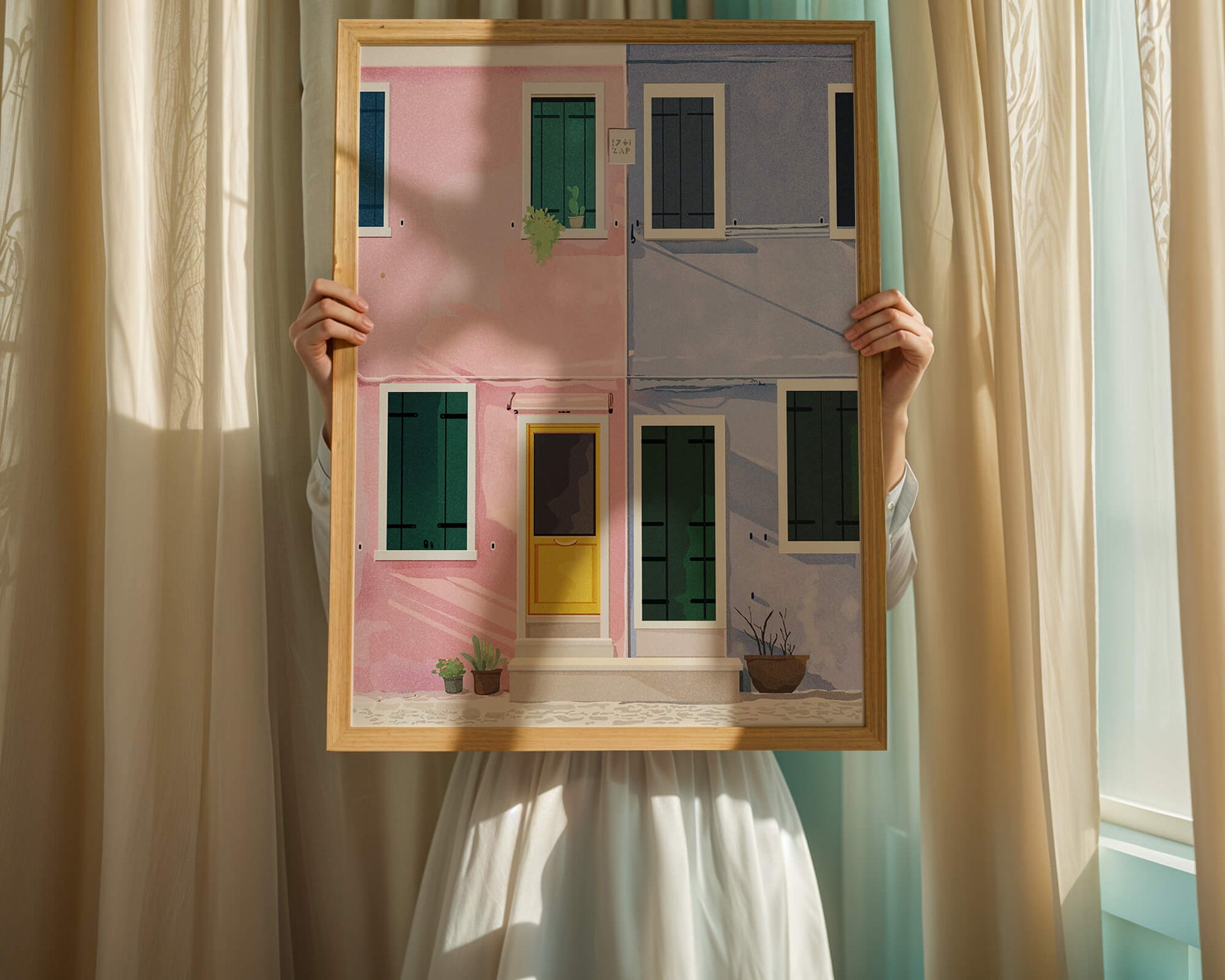 Charming pastel houses with colorful doors and windows