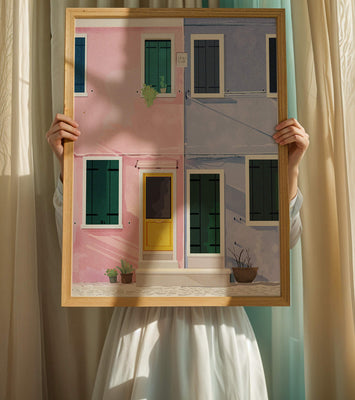 Charming pastel houses with colorful doors and windows