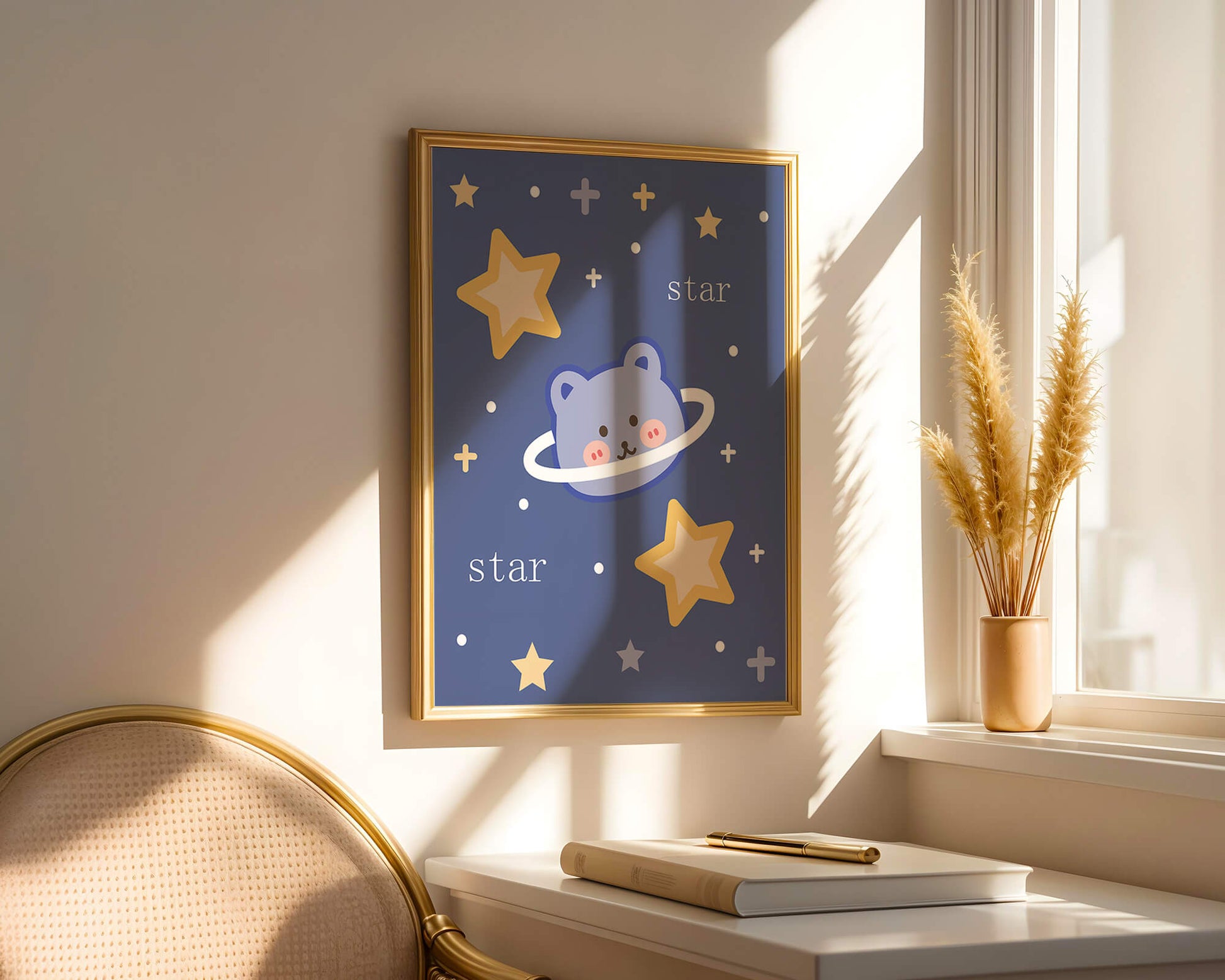 Adorable cartoon bear with stars on a blue background