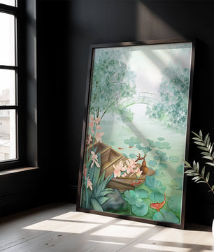 Serene Pond with Wooden Boat and Bridge Under Misty Sky - Mi tienda
