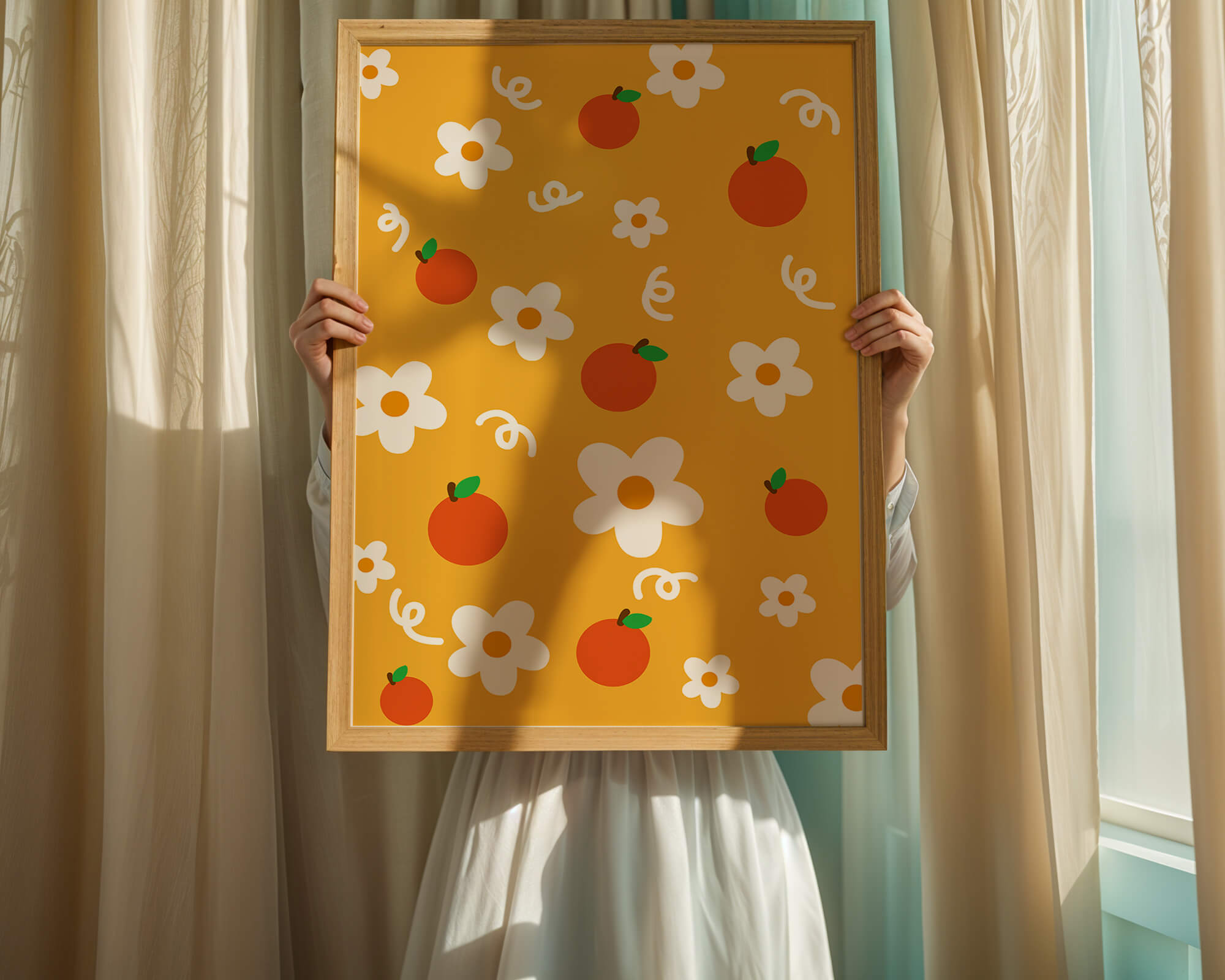 Playful floral and fruity pattern on a vibrant yellow background