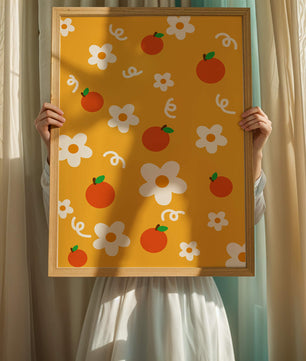 Playful floral and fruity pattern on a vibrant yellow background