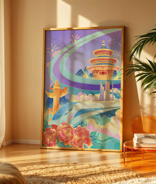 Colorful futuristic landscape with traditional Chinese architecture and high-speed train