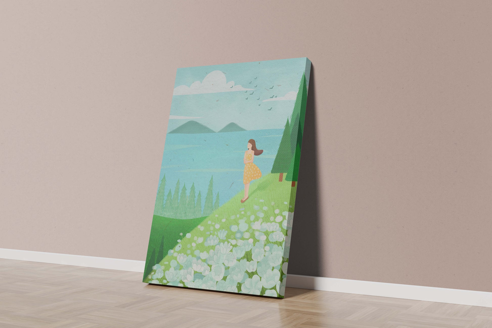 Mujer en vestido amarillo en la ladera con flores y árboles