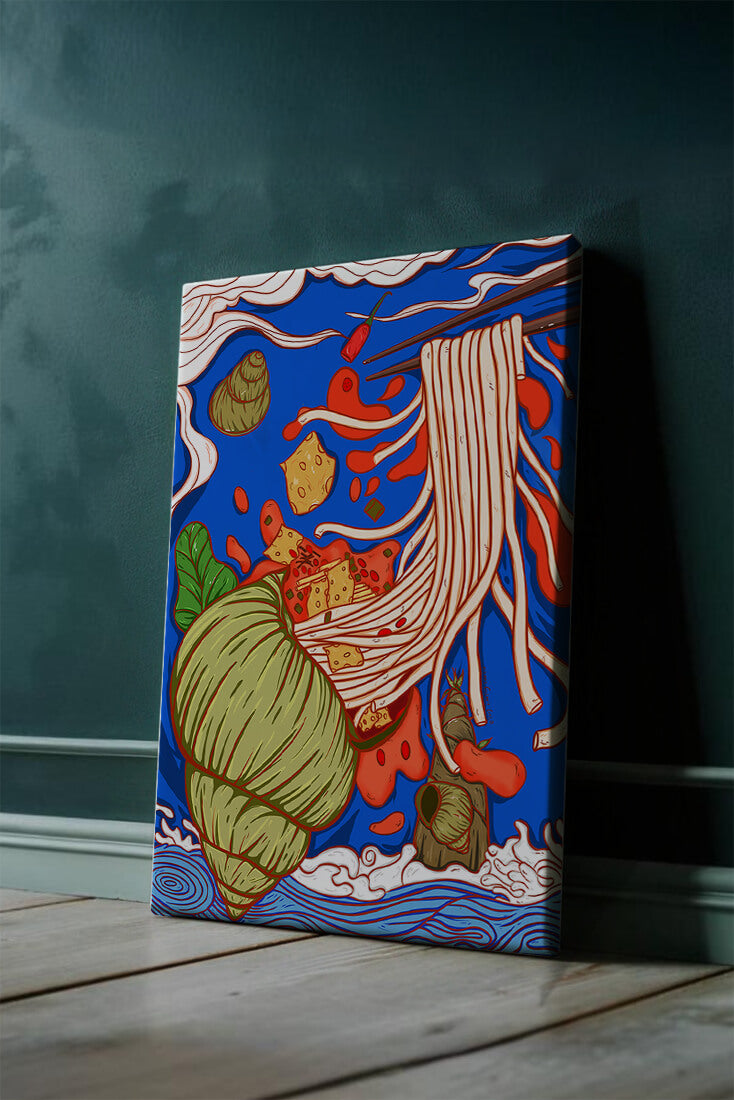 Ilustración intrincada de fideos con colores vibrantes y elementos detallados