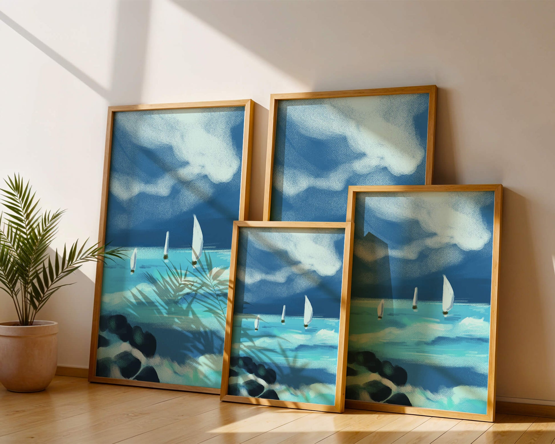 Seascape with sailboats navigating blue waves under a dramatic sky